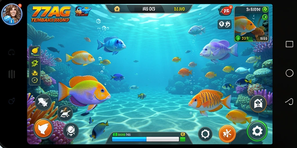 Screenshot gameplay Tembak Ikan 77AG menampilkan aksi menangkap ikan.