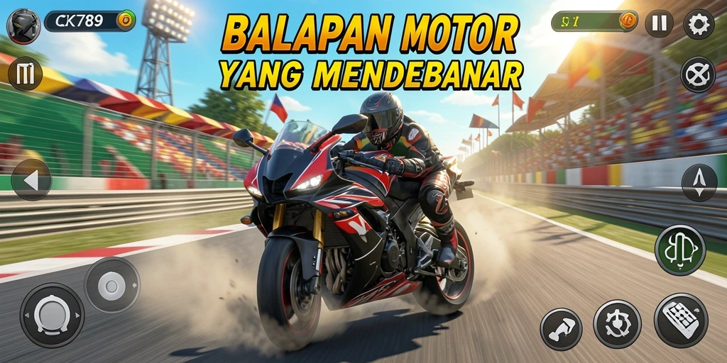 Tampilan gameplay CK789 menunjukkan aksi balapan motor yang seru dan mendebarkan.