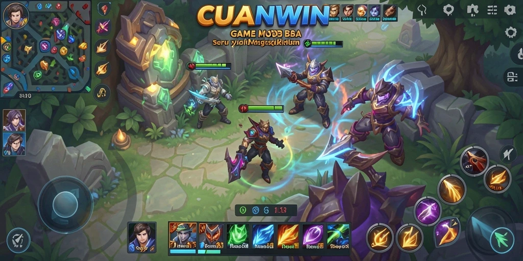 Tampilan aksi seru gameplay MOBA CUANWIN dengan karakter yang beragam.