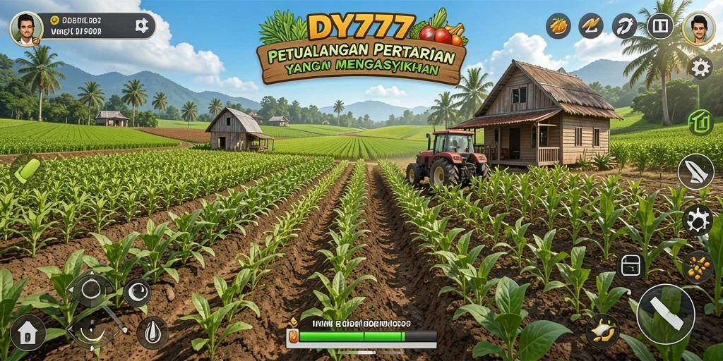 Tampilan gameplay DY777 menampilkan kebun yang subur dan aktivitas pertanian.