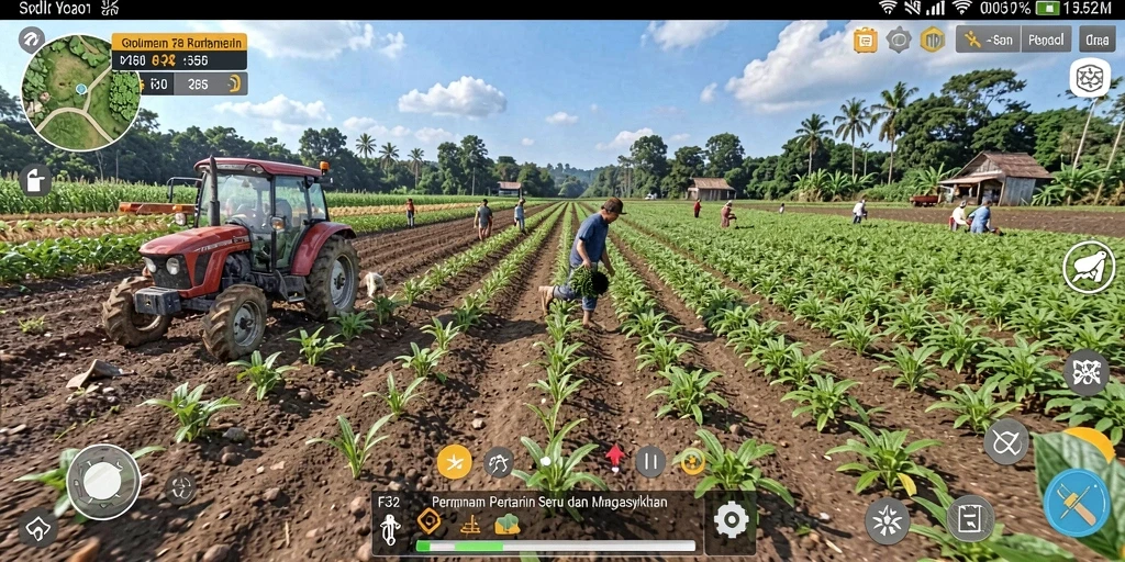 Tampilan gameplay F32 yang menarik dengan suasana pertanian.