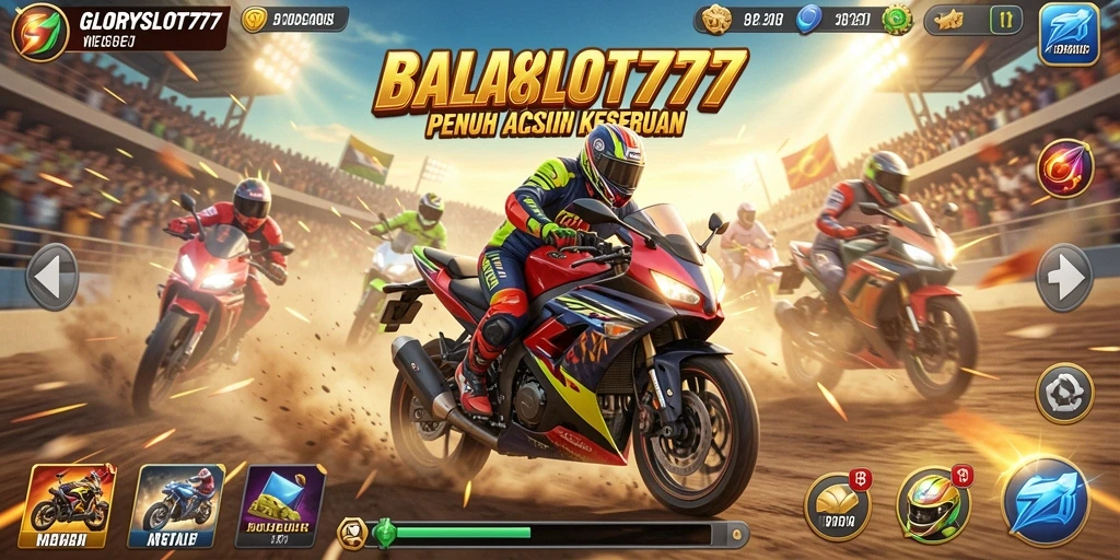 Tangkapan layar gameplay GLORYSLOT777 yang menampilkan aksi balapan motor yang mendebarkan.