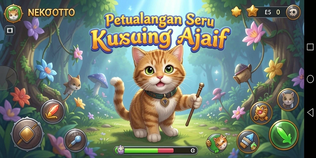 Tampilan gameplay seru dengan kucing ajaib menjelajahi dunia.